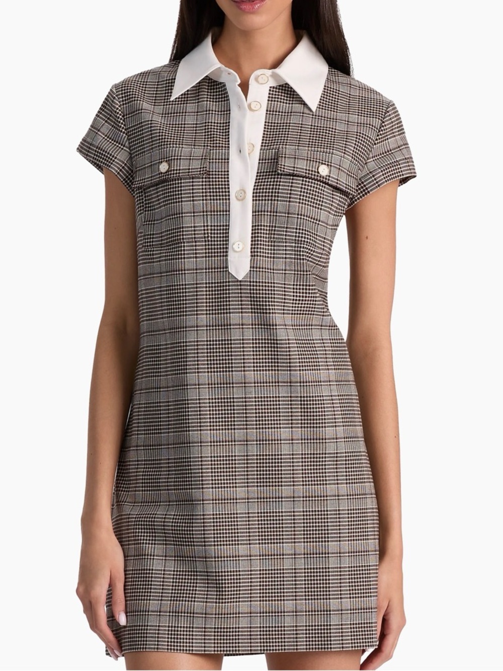Alice + Olivia Brown Plaid Mini Dress with White Contrast Collar